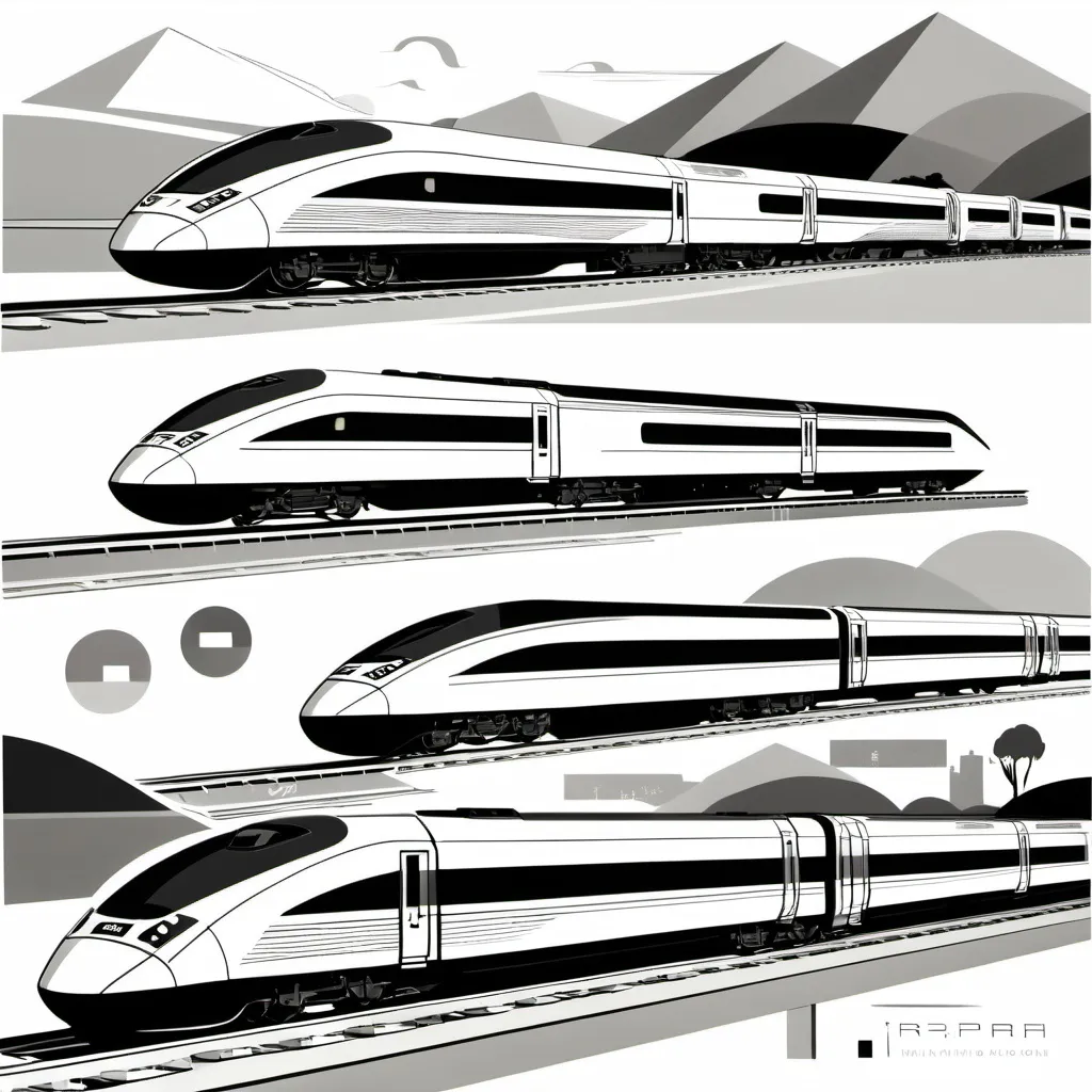 Prompt: This image contains several monochrome sketches of high-speed trains. Each train features a geometric design that emphasizes luxury and sophistication. The train is displayed from different angles, highlighting its minimalist shape and retro flair. The background contains elements such as railways and pastoral scenery, enhancing the sense of minimalism and pastoral environment. The overall style is very retro and captures the essence of retro railway technology.