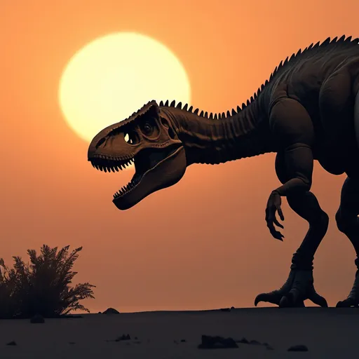 Prompt: Outro Scene: The camera pans out to a sunset with a T. rex silhouetted against the horizon

