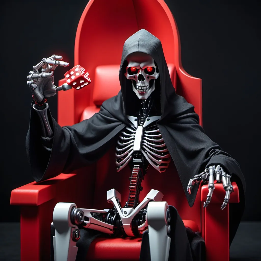 Prompt: A robotic grim reaper that has 1 bionic eye that glows red. sitting on a throne with an outstretched arm with 2 dice on an open Palm.