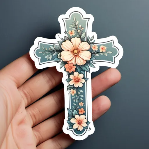 Prompt: Sticker of a cross with light color flowers design 