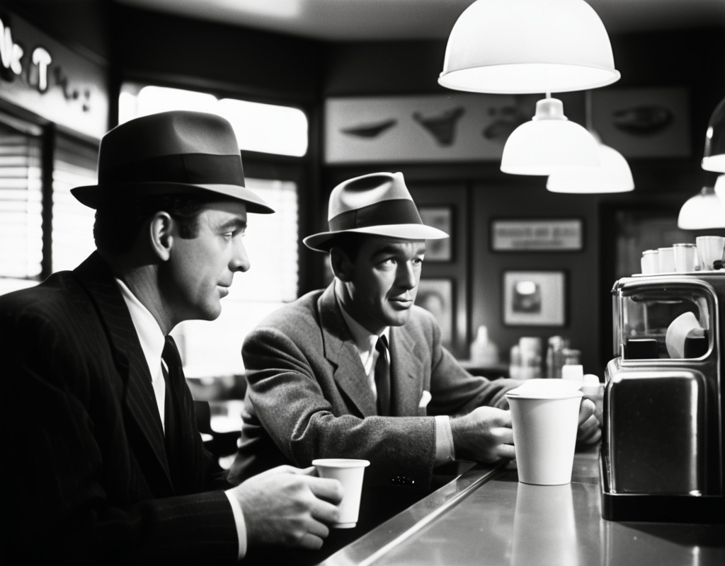 Prompt: Film Noir Diner with two men in Fedora hats having coffee at the counter, scene shot for a black and white movie from 1955, high contrast, shot on Kodak Double X film