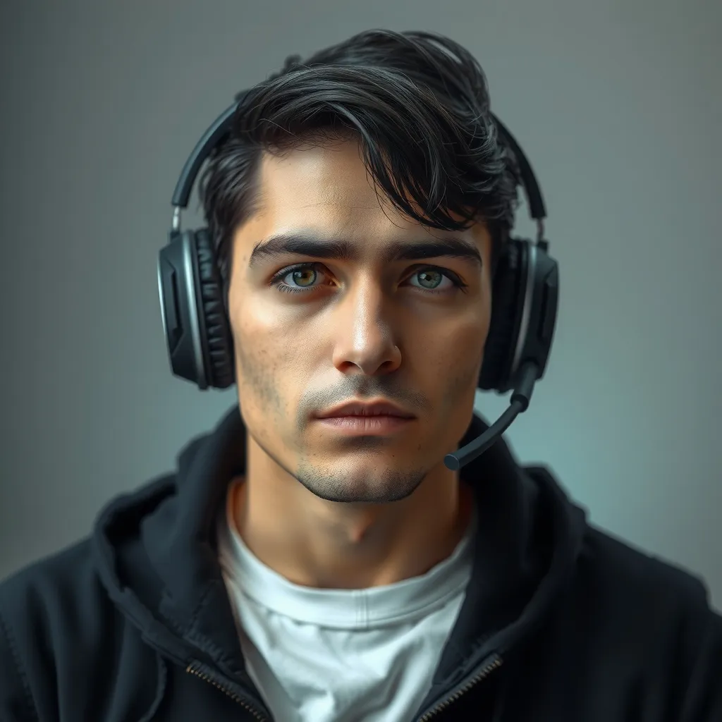 Prompt: "A highly realistic character of a young man in his early thirties, with sharp facial features, black eyes, and short black hair. The man is wearing black gaming headphones covering his ears and is sitting while looking directly at the camera with a calm expression and a closed mouth, in a neutral lighting setting that emphasizes the realistic details of his face."