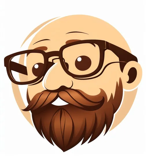 Prompt: Stylized smiley face with brown beard and brown glasses, minimalist logo, vector flat logo, simple lines, cute cartoon illustration, white backdrop