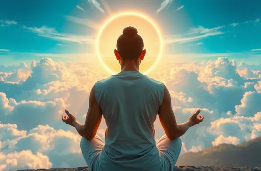 Prompt: meditation postać tyłem piękne kolory cudowna grafika niebo raj