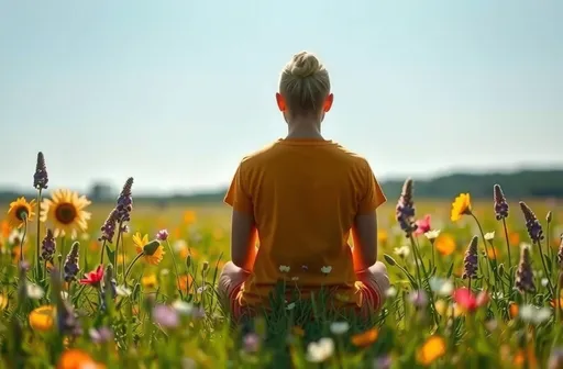 Prompt: meditation postać tyłem piękne kolory cudowna grafika łąka