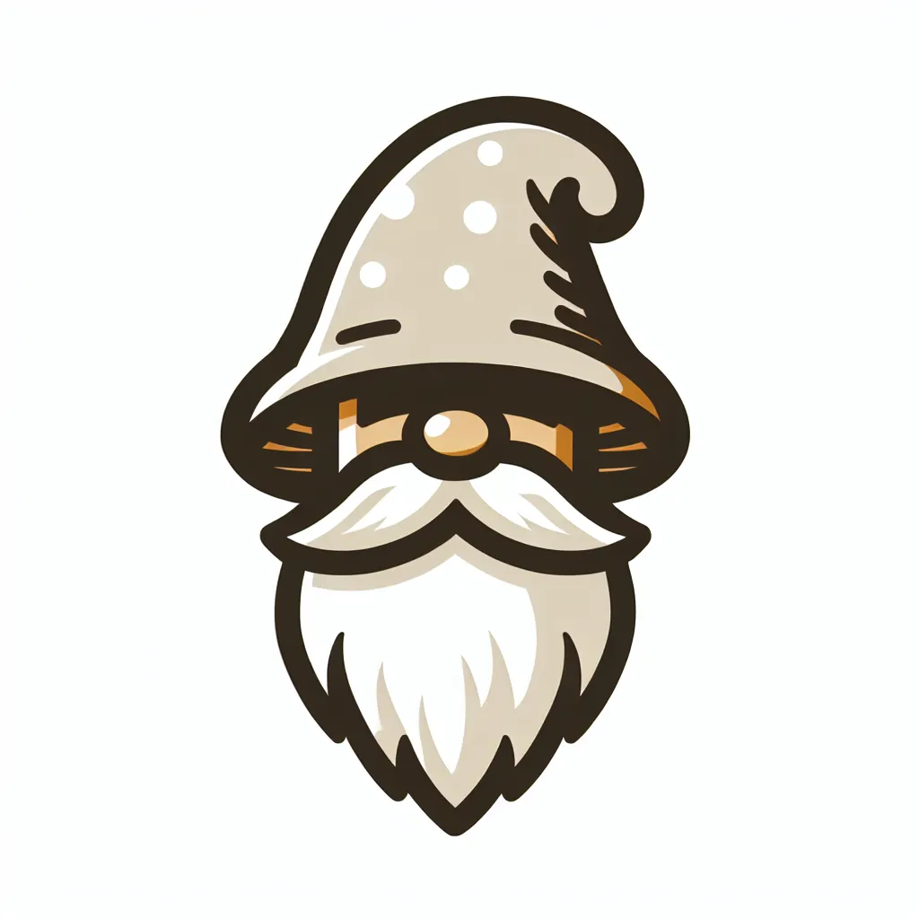 Prompt: A mushroom gnome style hat and white beard, natural colors, simple design, ideal for a logo or t-shirt design. No facial features, only the hat and beard. 