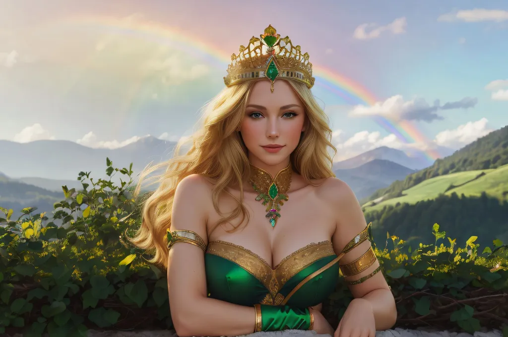 Prompt: beautiuful blonde caucasian female queen, green mountain background, rainbow, golden tiara, emerald jewelry, gentle smile, very detailed,  ((masterpiece, best quality))