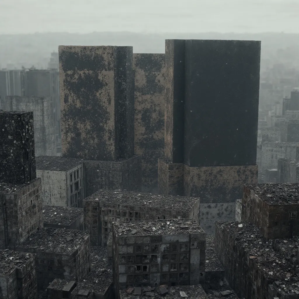 Prompt: A wide shot of the desolate city, emphasizing its vast scale and the overwhelming destruction. The camera slowly zooms in towards a pile of rubble.