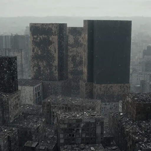 Prompt: A wide shot of the desolate city, emphasizing its vast scale and the overwhelming destruction. The camera slowly zooms in towards a pile of rubble.