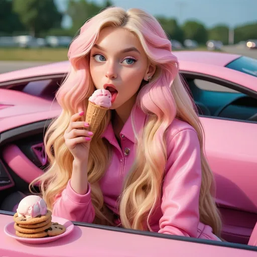 Prompt: blonde pink long hair girl eating cookies and ice cream in pink Lamborghini car