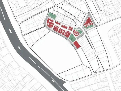 Prompt: (sophisticated site plan), "Eliava Bazaar", Tbilisi, Georgia, 17 hectares area marked in red, embracing OMA architectural style, modern layout, meticulous details, incorporating mechanical parts, construction materials, and marketplaces, urban landscape, organized spaces, green areas, high-quality presentation, practical and innovative design, cinematic perspective, vibrant colors, dynamic ambiance, visually engaging composition, ultra-detailed elements, HD.