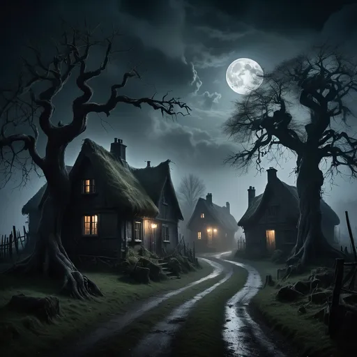 Prompt: A dark, eerie village at night, with twisted trees surrounding small, ancient cottages. A dense fog blankets the ground, and faint silhouettes of men can be seen disappearing into the forest. The atmosphere is oppressive, with dim lights flickering in the windows, and a partially hidden full moon casting an ominous glow through heavy clouds.“A deserted village in the middle of a dark, dense forest. The trees are gnarled and seem alive, with claw-like branches reaching out. Shadows of men linger at the edge of the forest, barely visible. The sky is dominated by a cloudy full moon, illuminating the rooftops with a ghostly light.”