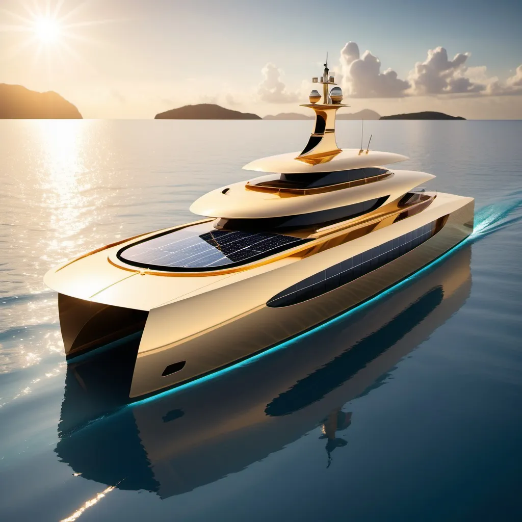 Prompt: A luxurious, solar-powered yacht sailing across a crystal-clear tropical ocean. The yacht has a futuristic design with solar panels on the roof and sleek, sharp edges. The water around it is calm, reflecting the golden rays of the setting sun, with gentle waves lapping at the hull