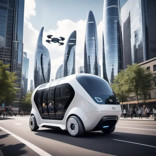 Prompt: A modular, autonomous transport vehicle navigating the streets of a future city. The vehicle is made of multiple interconnected pods, each with smart technology and retractable wheels. The pods can detach and connect based on the passengers' needs. The urban landscape is filled with towering skyscrapers, digital billboards, and flying vehicles above