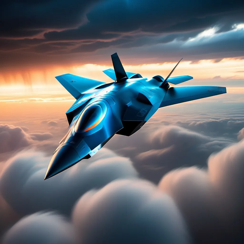 Prompt: A futuristic stealth fighter jet cutting through the clouds, with glowing blue engines and a sleek, angular design that reflects the surrounding light. The jet is mid-flight, leaving a trail of vapor in the sky. The background is a dramatic sunset, with dark, looming clouds and sunlight breaking through the sky