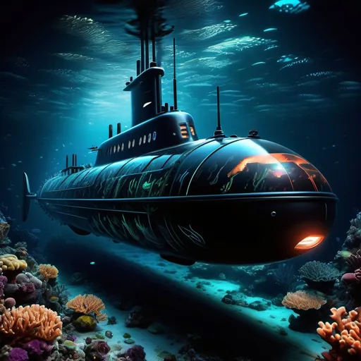 Prompt: A sleek, advanced submarine gliding through the depths of the ocean, with glowing bioluminescent patterns on its hull. The submarine has a translucent dome on top, revealing high-tech controls and a panoramic view of vibrant coral reefs and large, underwater creatures swimming nearby. The ocean is dark, with occasional glowing fish and ancient shipwrecks scattered across the seabed