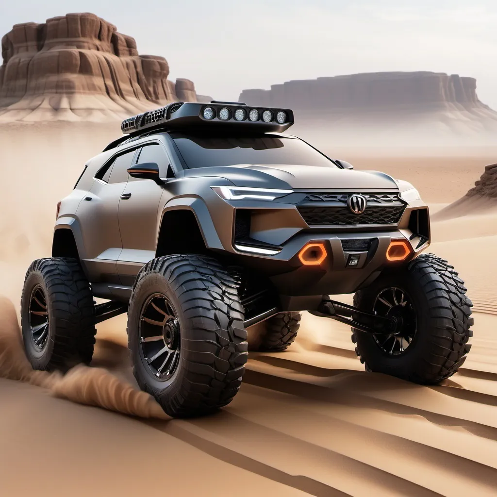 Prompt: A rugged, all-terrain off-road SUV with oversized tires, reinforced suspension, and high-tech armor. The SUV is speeding across a rocky, barren desert, kicking up sand and dust. The vehicle has sleek, aerodynamic lines and glowing accents, and it's equipped with advanced navigation and drone systems for navigation through difficult terrain