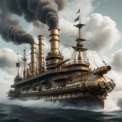 Prompt: "A heavily armored steampunk battleship sailing across a foggy ocean. The ship has massive steam-powered cannons, brass plating, and smokestacks emitting clouds of steam. Its intricate design combines Victorian-era aesthetics with advanced mechanical elements, and the sails are filled with hot air for propulsion. Large propellers at the back help the ship glide through the water."