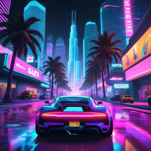 Prompt: A vibrant, neon-lit night scene in a futuristic city inspired by GTA 6. The city is a mix of modern skyscrapers and retro Miami-style architecture, with neon signs and holographic advertisements everywhere. A sleek, modified sports car is speeding down a palm tree-lined street, leaving trails of light behind. The car has futuristic features like holographic displays on its dashboard and glowing rims. In the background, a luxury rooftop party is visible, with people in fashionable outfits holding cocktails, while a helicopter hovers above. The city is alive with traffic, people walking on the streets, and digital billboards flashing. The sky is purple and orange with the last light of sunset, while the ocean is visible on the horizon, shimmering with reflections of the city lights. The atmosphere is tense yet vibrant, evoking the chaotic energy of GTA's open-world action. The scene has a cinematic, cinematic look, blending realistic and stylized elements.