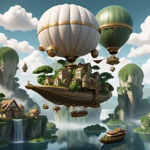 Prompt: A majestic airship floating above a collection of floating islands, each with lush greenery, waterfalls, and ancient stone structures. The airship has large, balloon-like sails, intricate brass machinery, and a luxurious observation deck. The sky is filled with drifting clouds and distant mountain peaks, creating a serene yet powerful atmosphere