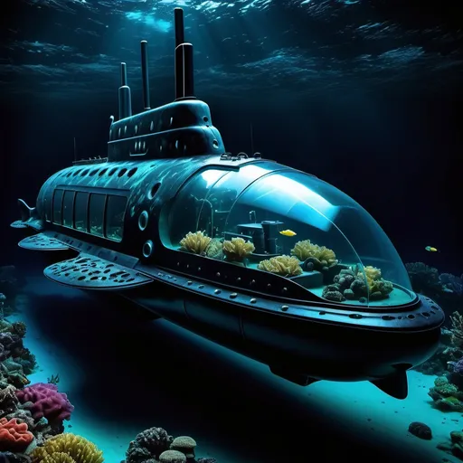 Prompt: A sleek, advanced submarine gliding through the depths of the ocean, with glowing bioluminescent patterns on its hull. The submarine has a translucent dome on top, revealing high-tech controls and a panoramic view of vibrant coral reefs and large, underwater creatures swimming nearby. The ocean is dark, with occasional glowing fish and ancient shipwrecks scattered across the seabed