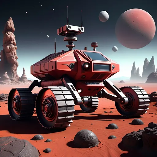 Prompt: A heavily armored rover designed for exploration on an alien planet, with large, spherical wheels, advanced scanning equipment, and a rugged design. The rover is traversing a strange, red-hued landscape filled with bizarre rock formations and distant, glowing moons. Alien creatures can be seen lurking in the distance as the rover scans the terrain