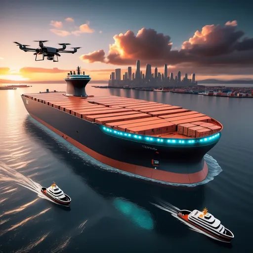 Prompt: A massive, floating cargo ship, built for the future with advanced drone technology. The ship is equipped with automated drones lifting and delivering packages to smaller boats and platforms. The ship itself is smooth, streamlined, and partially submerged, with a glowing engine that leaves a trail in the water. The background features a busy ocean port and a sunset skyline