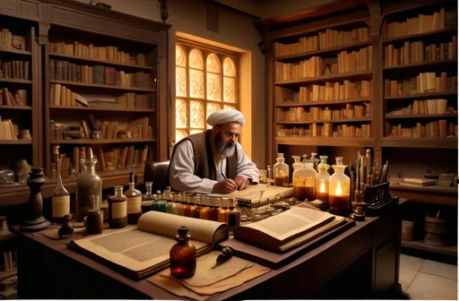 Prompt: Abu Bakr Al-Razi in his laboratory, (illuminated by soft, warm lighting), surrounded by ancient books and glass vials, detailed desk cluttered with parchment and tools, (rich wooden shelves in the background), a sense of intellect and discovery, (vibrant, warm color tones), historical accuracy, (4K ultra-detailed), capturing the essence of the Islamic Golden Age.