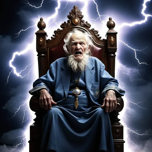 Prompt: Create an image of an very old man with lightning like thunder on his eyes sitting on his throne speaking wisdom 
