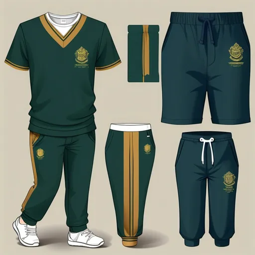 Prompt: Design of a school uniform. T-shirt, shorts and jogger pants theme colours emerald green, navy blue and golden brown 