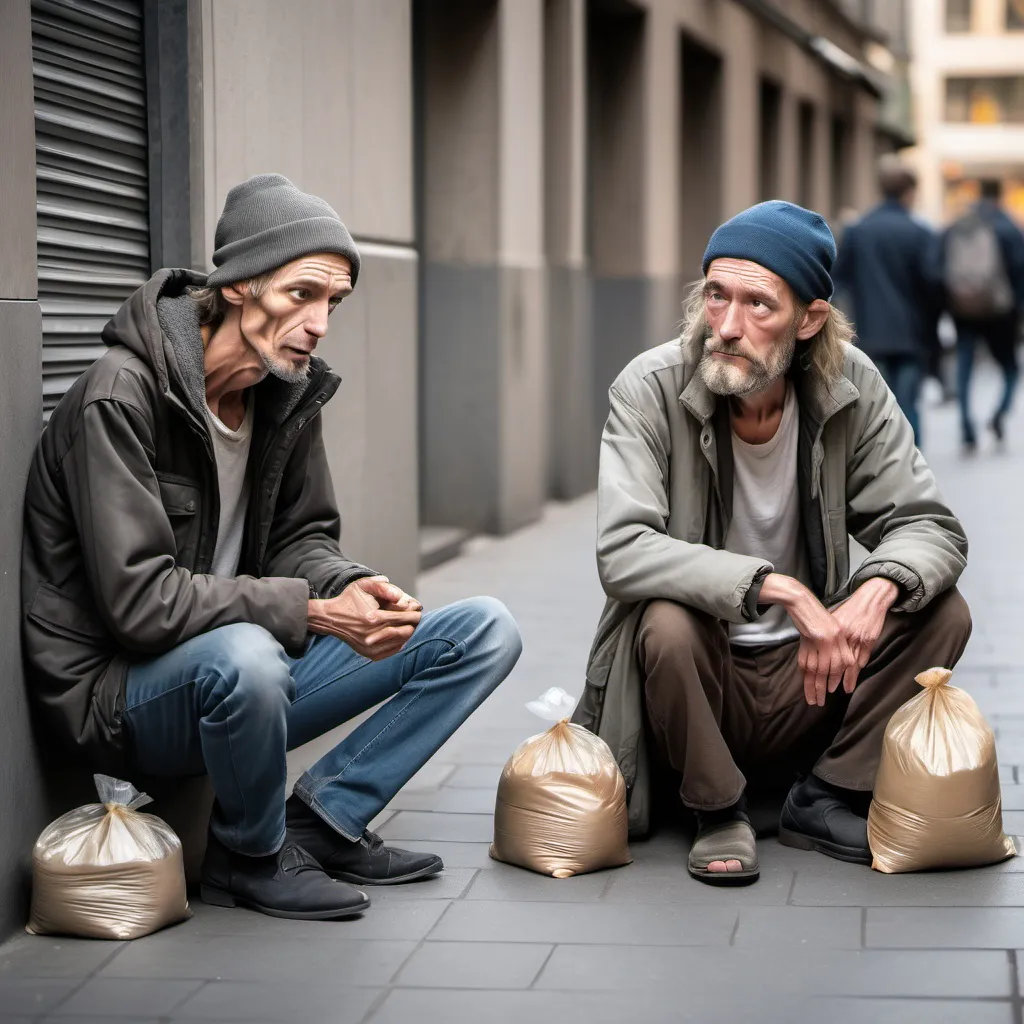 Prompt: a  skinny homless man sitting next to rich man and begging for money