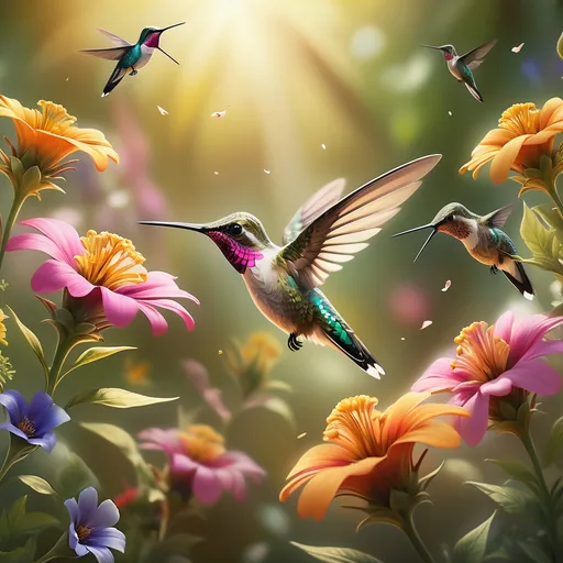 Prompt: A serene close-up of tiny hummingbirds hovering delicately around vibrant wildflowers, sipping nectar. The flowers are vividly colored with soft petals, surrounded by lush greenery. The scene is bathed in warm, golden sunlight with a soft-focus background of blurred forest foliage. The composition is photorealistic and tranquil, capturing the intricate details of the birds’ feathers and the gentle texture of the flowers.