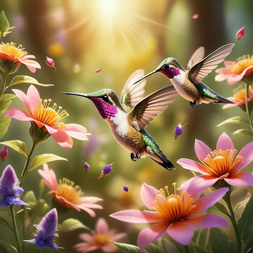 Prompt: A serene close-up of tiny hummingbirds hovering delicately around vibrant wildflowers, sipping nectar. The flowers are vividly colored with soft petals, surrounded by lush greenery. The scene is bathed in warm, golden sunlight with a soft-focus background of blurred forest foliage. The composition is photorealistic and tranquil, capturing the intricate details of the birds’ feathers and the gentle texture of the flowers.