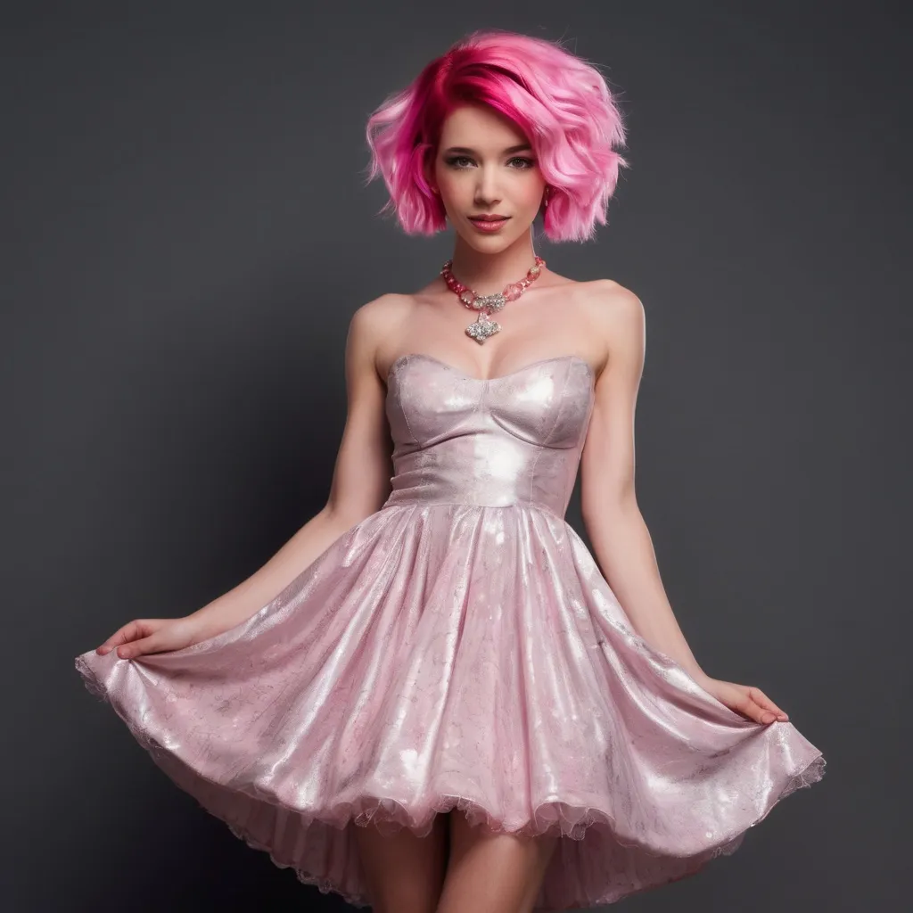 Prompt: pink haired goddess in a party dress

