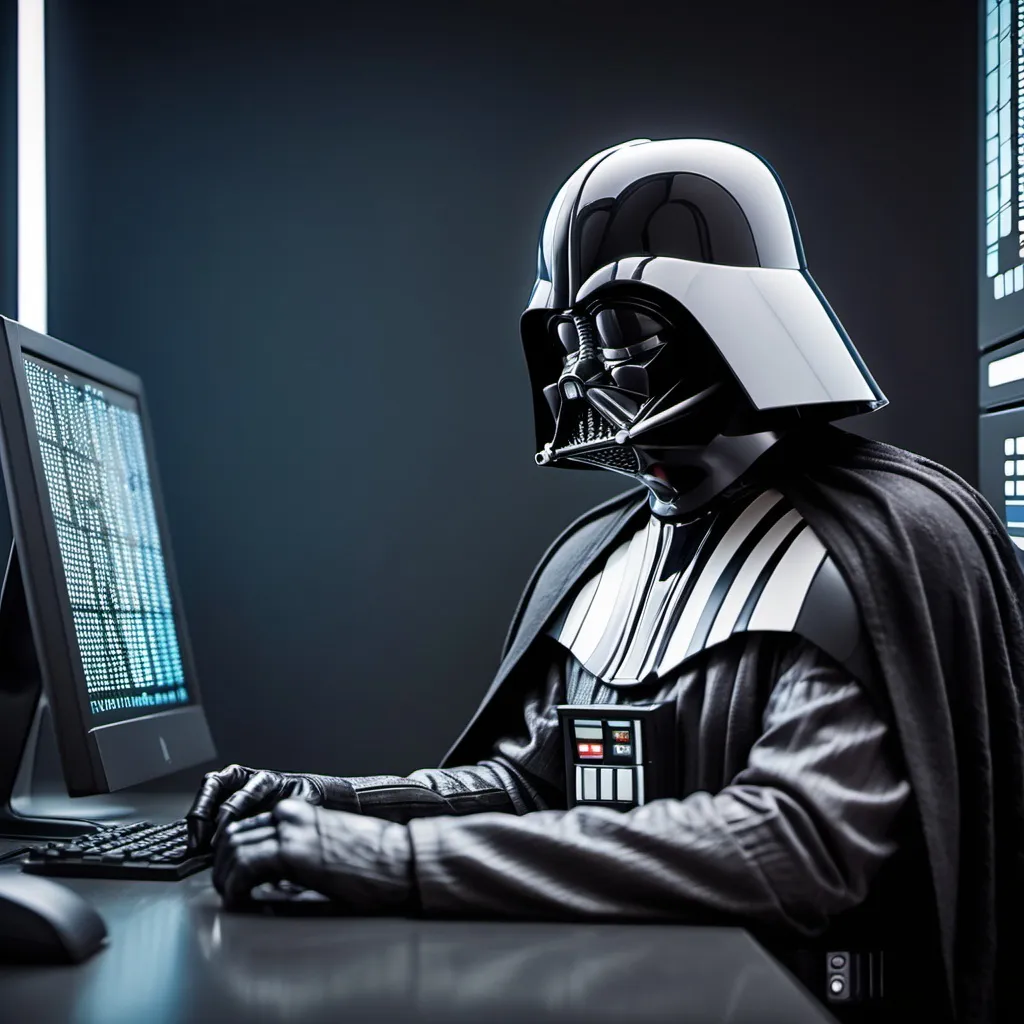 Prompt: Darth Vadar sitting in front of a computer that has 0's and 1's displaying. As if he was hacking