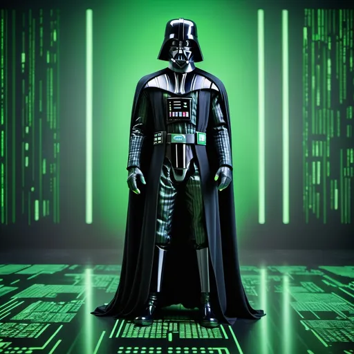 Prompt:  Standing Darth Vadar with green screens in the background that have the matrix background