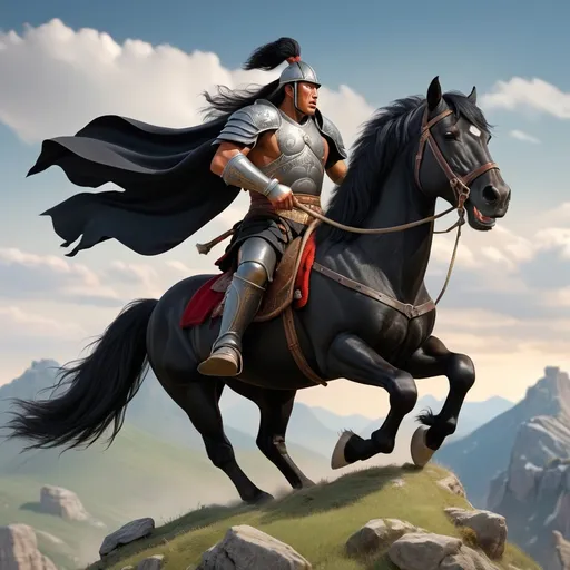 Prompt: Mongolian barbarian warrior is riding a black horse on the mountain ready to challenge knight from rome in mythical land 