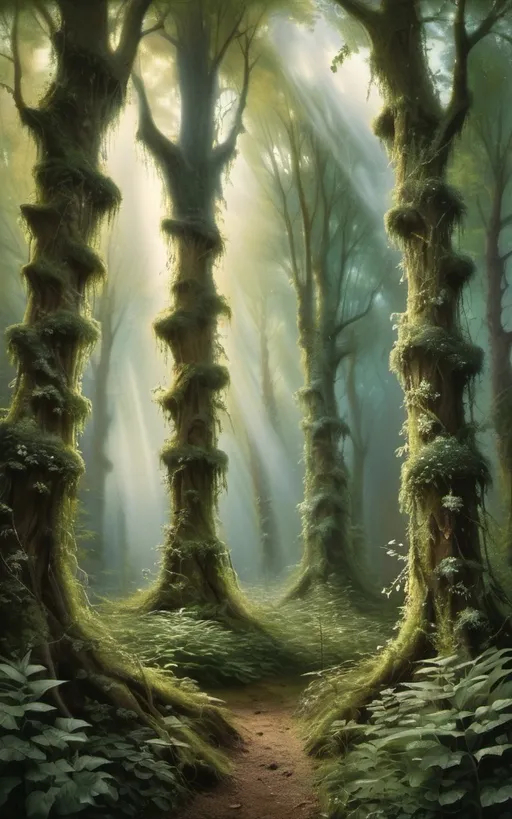 Prompt: a magical forest with trees in 1930


