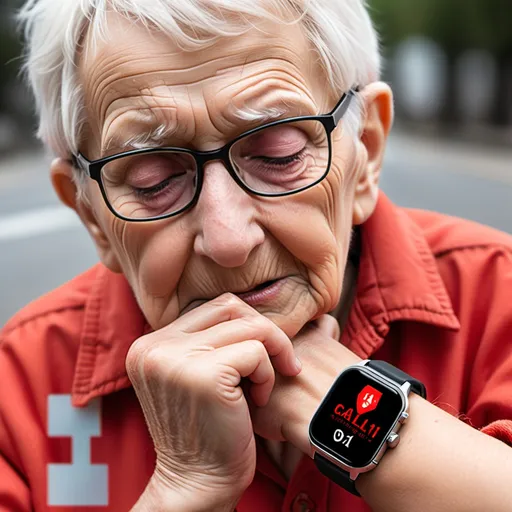 Prompt: create an image of an elderly person fallen with smartwatch close up showing "calling 911" in red