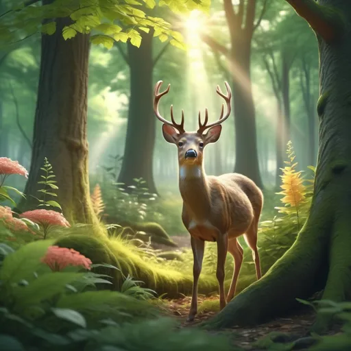 Prompt: (serene forest with animals), vibrant greenery, wildlife in natural habitat, soft sunlight filtering through the trees, peaceful ambiance, lush underbrush, majestic deer, playful squirrels, enchanting atmosphere, delicate flowers peeking through foliage, whispering leaves, 4K ultra-detailed, calm and harmonious nature scene.