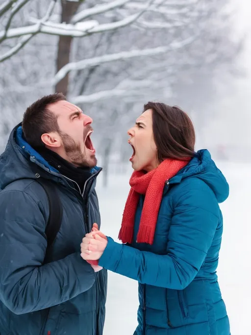 Prompt: a man and a woman shout at each other in winter and summer