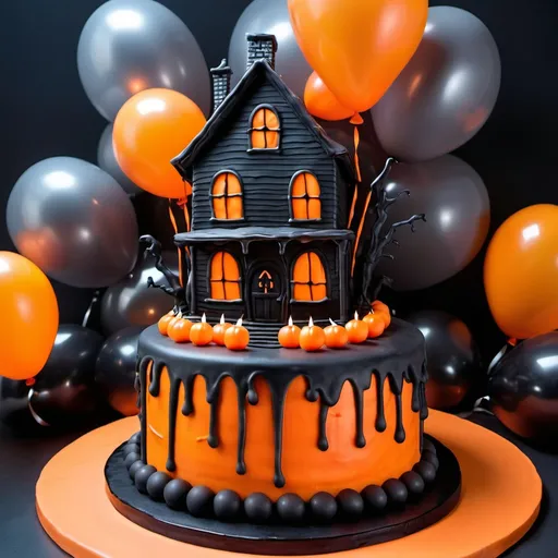 Prompt: scary black and orange birthday cake micheal myers from halloween design. scary, candles, balloons on a backdrop of the myers house from the halloween movie, realism