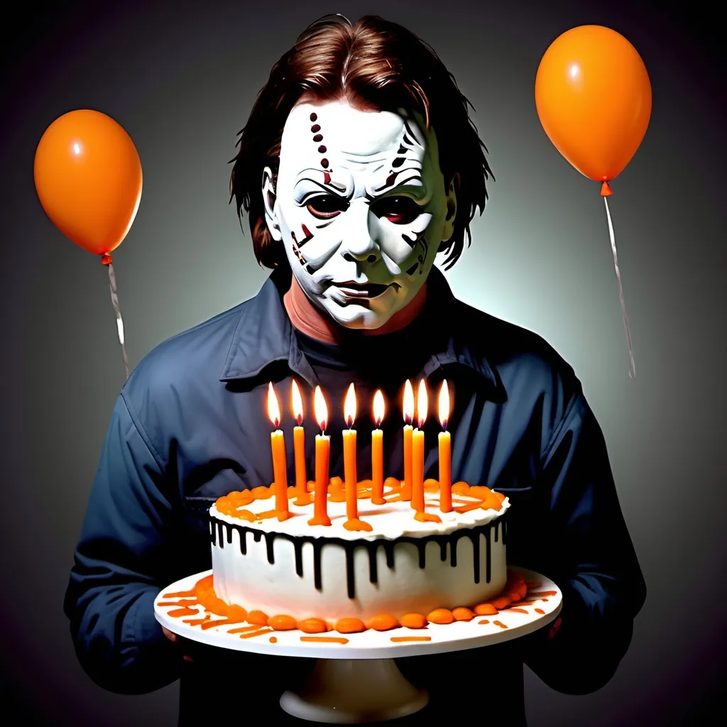 Prompt: scary micheal myers from halloween movies scary, word bubble with happy birthday Josh, with a cake, knives, 