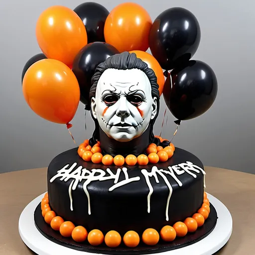 Prompt: scary black and orange birthday cake micheal myers from halloween design. scary, candles, balloons