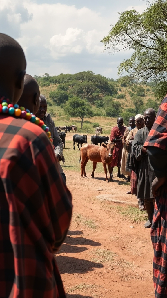 Prompt: The camera shifts to the village, where Maasai elders and villagers are gathered. The air is tense. A few cattle can be seen grazing in the distance, looking nervously around.