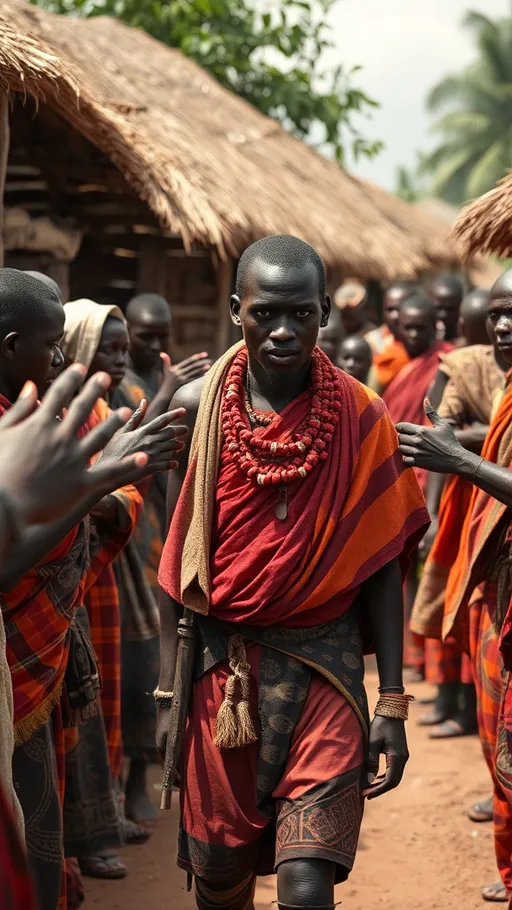 Prompt: Camera shows Sudi the young maasai warrior walking into the village. The villagers greet him with respectful nods, though their eyes show fear