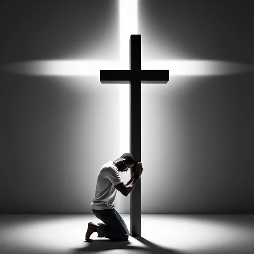 Prompt: 3D illusion of a cross with a black men kneeing down praying to GOD


