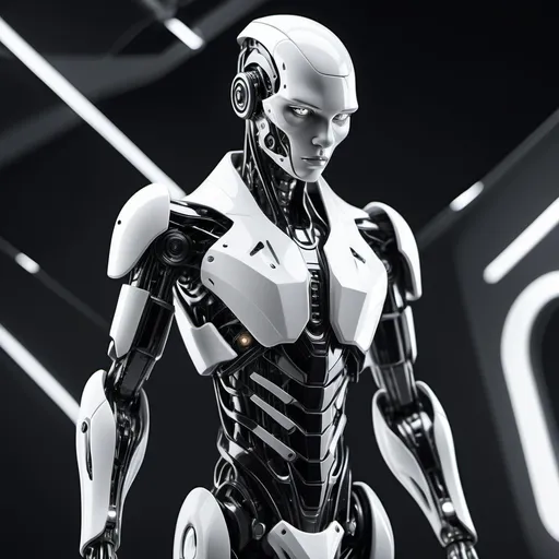 Prompt: (futuristic black and white android), (humanoid design), sleek and elegant features, high-tech elements, mechanical limbs, intricate circuitry patterns, glowing accents, minimalist aesthetic, dramatic contrast, futuristic background, sharp angles, strong lighting, cybernetic aesthetics, ultra-detailed, 4K clarity, clean lines, sophisticated ambiance.