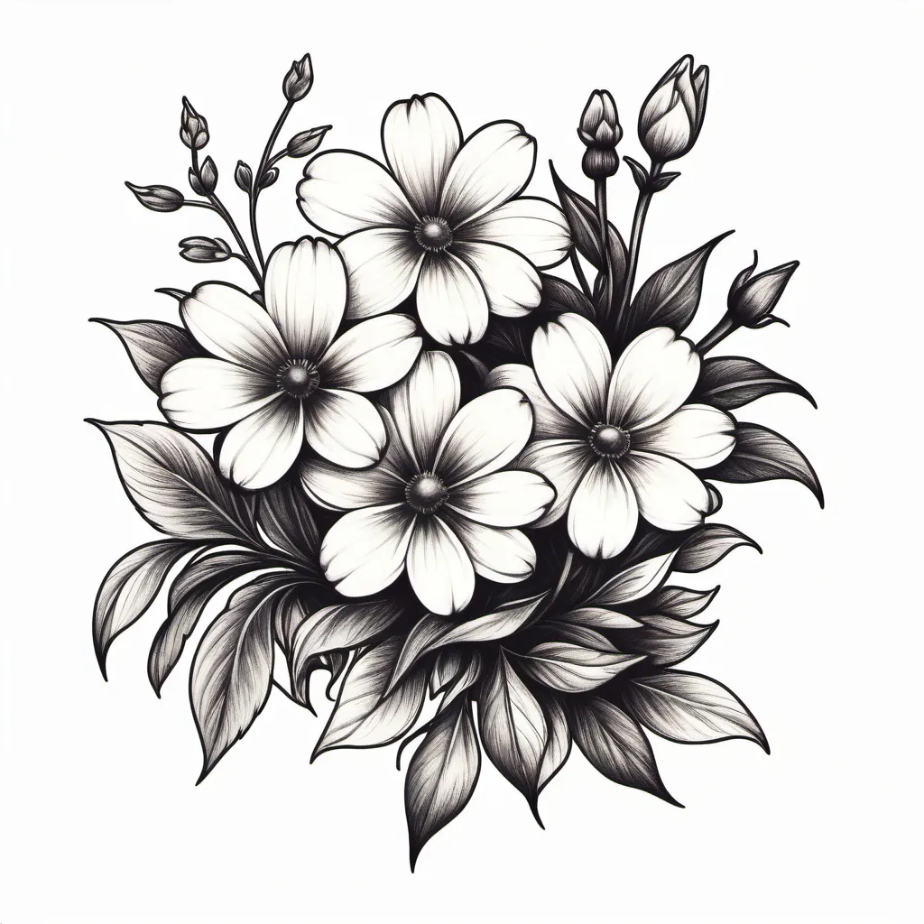 Prompt: A small drawing of flowers In a vintage style for a tattoo in black no shading
