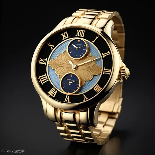 Prompt: (photorealistic) watch with a (luxurious gold dial) and (sleek silver bracelet), set against a (rich black background), showcasing (Christian Hilfgott Brand), infused with (cloisonnism) artistry, capturing (finely detailed features) in a (stunning computer rendering), evoking a sense of elegance and sophistication, ultra-detailed, high quality